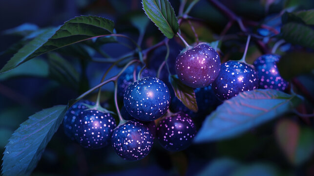 Starberry: Berries that twinkle like stars, with tiny constellations visible on their skins, growing in a night-sky-themed garden. Keywords: twinkling, stars, constellations, night