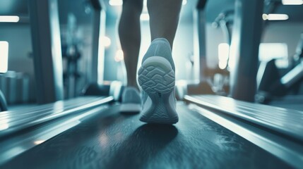 Close-up of a person walking on a treadmill, with a focus on their feet and shoes.