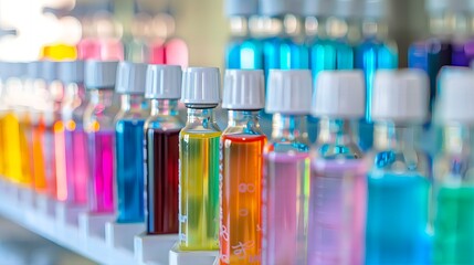 Macro shot of colorful medical test tubes on white shelves, emphasizing variety and detail in healthcare and laboratory settings, with a blurred background and soft lighting.