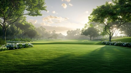 Obraz premium Lush green golf course, manicured lawn, curved fairway, pristine grass, well-trimmed hedges, mature trees, sunlit landscape, morning dew, soft shadows, vibrant green hues.