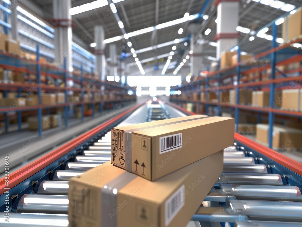 Aufkleber seamless conveyor belt system in a hightech fulfillment center with multiple cardboard packages movi
