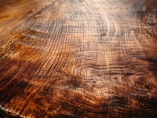 Fototapeta premium rustic wooden tabletop closeup rich grain patterns warm tones soft natural lighting emphasizes texture empty space for product placement