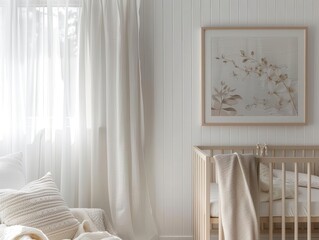 serene nursery interior with minimalist white frame soft natural light filtering through sheer curtains muted pastel tones and delicate floral accents creating a peaceful ambiance