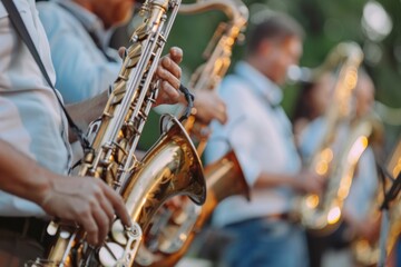 Fototapeta premium Saxophonist Playing with a Band at an Outdoor Concert