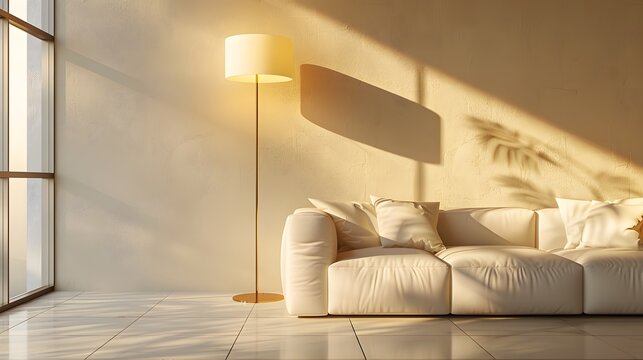 Minimalist living room, white leather sofa, warm ambient lighting, floor lamp with soft glow, golden hour sunlight, long shadows on wall, monochromatic color scheme, beige tones.