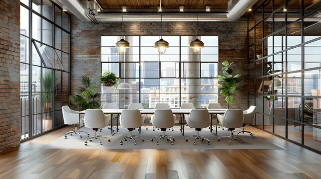 Modern open-plan office, glass-walled conference room, industrial chic design, exposed brick walls, wooden flooring, sleek white office chairs, contemporary long meeting table.