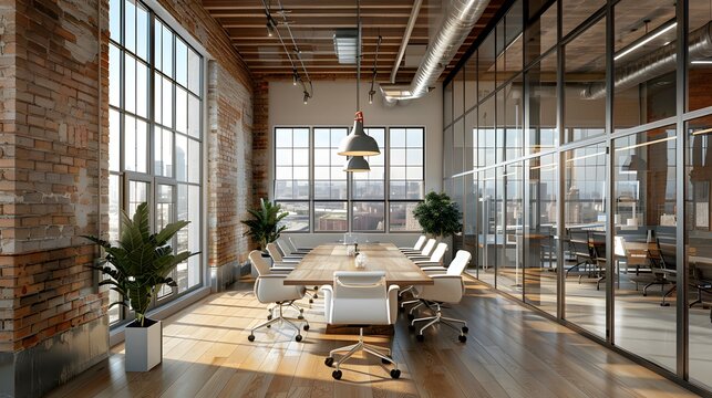 Modern open-plan office, glass-walled conference room, industrial chic design, exposed brick walls, wooden flooring, sleek white office chairs, contemporary long meeting table.