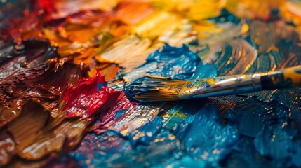 Obraz premium Paint being mixed on an artist's palette, focusing on the swirling colors and palette with a blurred background of a sunlit studio.
