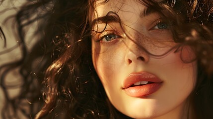 Fototapeta premium Vogue style close-up portrait of beautiful woman with long curly. 