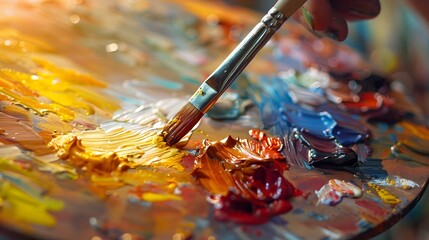 Obraz premium Paint being mixed on an artist's palette, focusing on the swirling colors and palette with a blurred background of a sunlit studio.