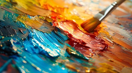 Obraz premium Paint being mixed on an artist's palette, focusing on the swirling colors and palette with a blurred background of a sunlit studio.