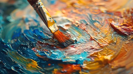 Obraz premium Paint being mixed on an artist's palette, focusing on the swirling colors and palette with a blurred background of a sunlit studio.