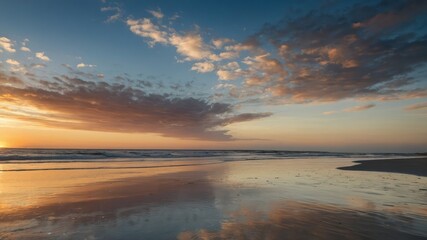 Fototapeta premium Empty beach at sunset with only the sound of distant waves, perfect for relaxation and tranquility