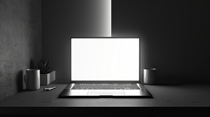 Fototapeta premium Minimalist Workspace with Laptop, Coffee Mugs and Plant in Monochrome