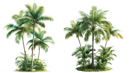 Obraz premium Tropical palm tree illustration isolated on white background showing lush greenery, perfect for nature-themed designs and projects.