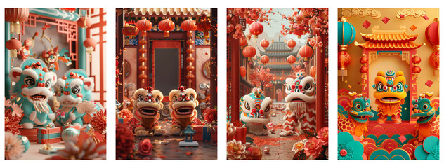 Fototapeta premium Traditional Lion Dance Celebration with Vibrant Decorations and Festivities