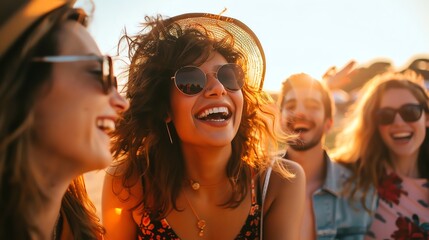 Obraz premium A group of friends laugh together in the golden light of the setting sun.