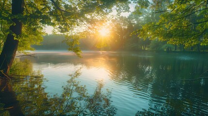 Fototapeta premium Serene lakeside at dawn, sunburst through trees, misty morning atmosphere, dappled sunlight on water, lush green foliage, silhouetted tree trunks, golden hour glow.