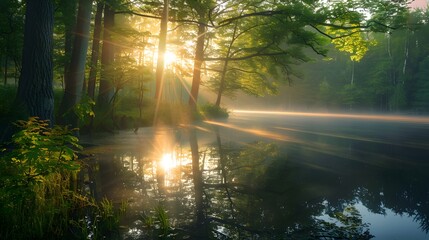 Obraz premium Serene lakeside at dawn, sunburst through trees, misty morning atmosphere, dappled sunlight on water, lush green foliage, silhouetted tree trunks, golden hour glow.
