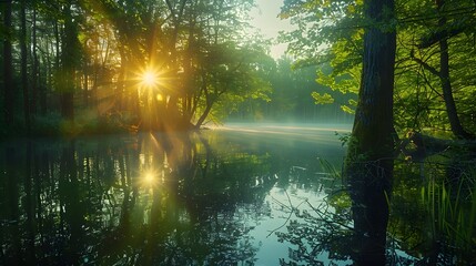 Serene lakeside at dawn, sunburst through trees, misty morning atmosphere, dappled sunlight on water, lush green foliage, silhouetted tree trunks, golden hour glow.