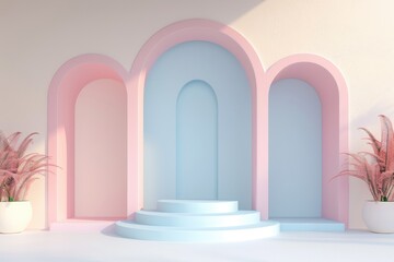 Pastel Rainbow Archway Podium Display. 3D Rendering Stage of Abstract Pastel Background for Product Presentation in Empty Room