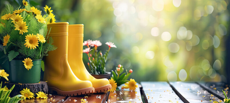 Sunny spring/summer garden with flowerpots and yellow boots, perfect for gardening events and lifestyle-related content.