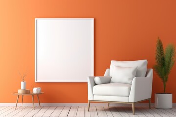 Empty White Picture Frame in Modern Living Room with Orange Walls and White Armchairs. Houseplant, Wooden Floor, Home Interior, Copy Space - 3D Rendering