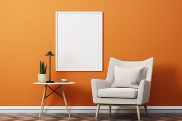 Empty White Picture Frame in Modern Living Room with Orange Walls and White Armchairs. Houseplant, Wooden Floor, Home Interior, Copy Space - 3D Rendering