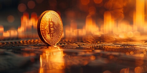 Glowing Bitcoin on Circuit Background with Bokeh Effect