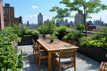 Obraz premium Rooftop Terrace with City View and Wooden Dining Set