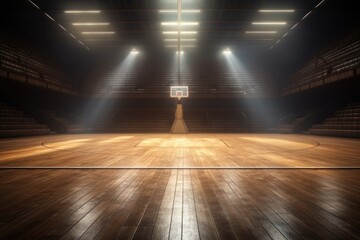 Empty Basketball Court with Wooden Floor and Spotlights in Sports Arena. Front View 3D Rendering Playground with Copy Space for Banner or Poster Design