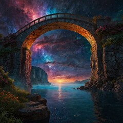 A shimmering, ethereal rainbow bridge arches gracefully between two continents shrouded in mystery. Vibrant hues of every color imaginable dance across the arc,