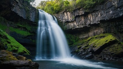 Obraz premium Majestic waterfall cascading down a rocky cliff, creating a powerful and serene scene