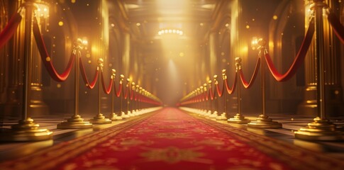 Celebrity Walkway Red Carpet Movie Premiere Event with Velvet Rope Barriers. Night of Glamour and Excitement Gala Light Bokeh Background