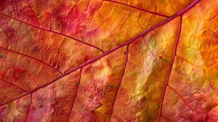 Fototapeta premium Nature's Palette: Close-Up of Maple Leaf in Autumn, Fiery Hues and Vein Textures Illuminated by Gentle Sun