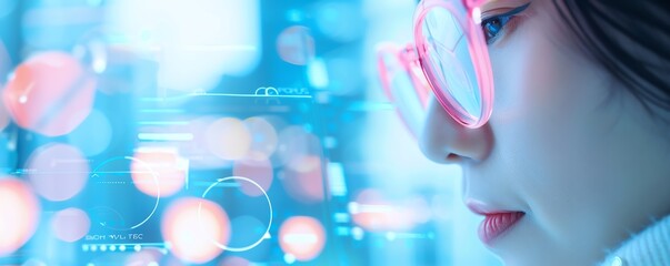 Futuristic woman with pink glasses analyzing digital interface data, close-up, soft neon glow