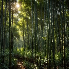 Obraz premium A lush bamboo forest in spring, vibrant green stalks reaching towards the sunlight filtering through the canopy. Each bamboo shoot exudes a sense of vitality, with fresh new leaves unfurling in the ge