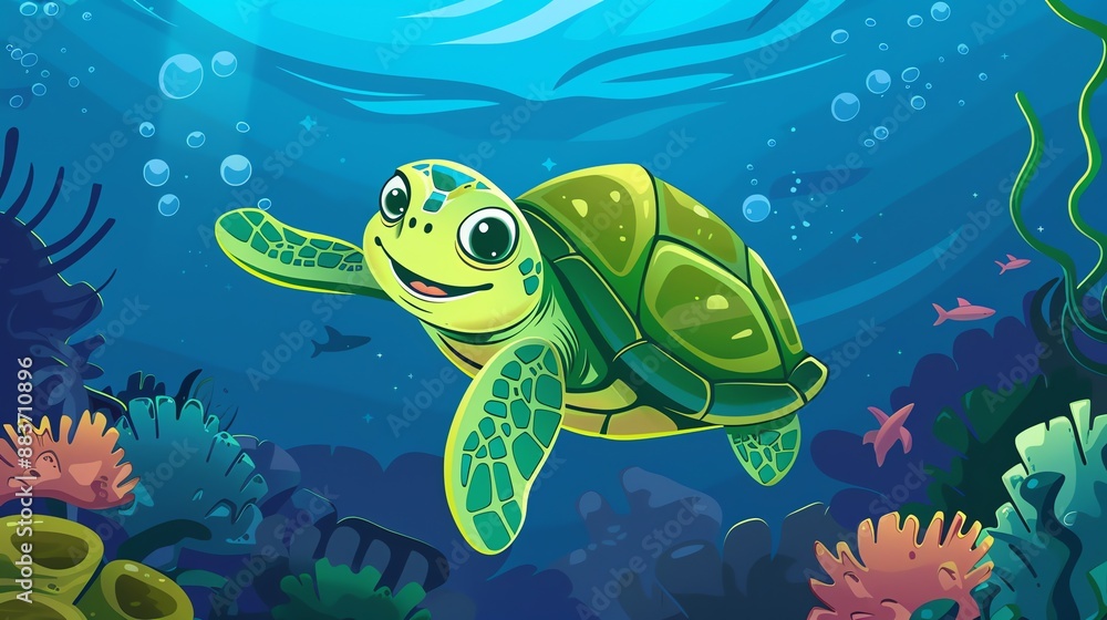 Poster A cartoon illustration of a smiling sea turtle swimming through a colorful underwater scene.