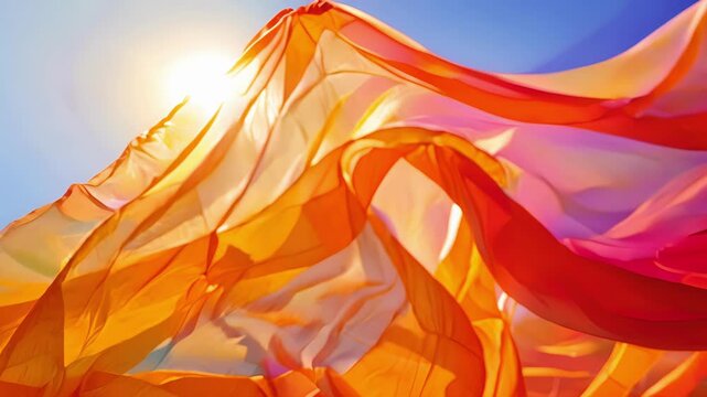 Vibrant layers of fabric mimic the petals of a blooming flower as a sari dances in the wind on a sunny day.