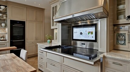 modern kitchen interior with fireplace