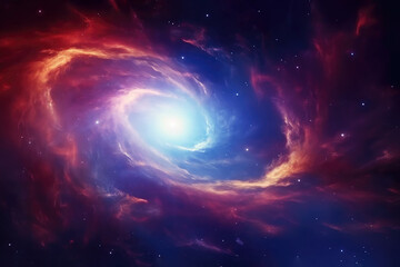 Cosmic Voyage, Ethereal Dance of Cosmic Colorful swirl sky. Dance of Red and Blue Nebulae in Space with swirling galaxy. Nebula, and Distant Planet glowing star fantastic background