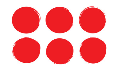 Set of red grunge circles. Stamp with jagged edges. Japanese sun isolated on white background.