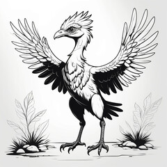 Naklejka premium AI generative. Archaeopteryx outline drawing for kids coloring book collection black on white background. Isolated dinosaurus family. Set 4