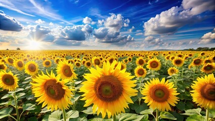 Fototapeta premium Vibrant sunflowers in a vast field under a bright summer sky, sunflowers, field, summer, sky, nature, yellow, green