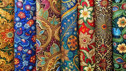 Traditional Malay fabric featuring intricate batik designs, Malaysia, culture, heritage, textile, traditional, pattern, design