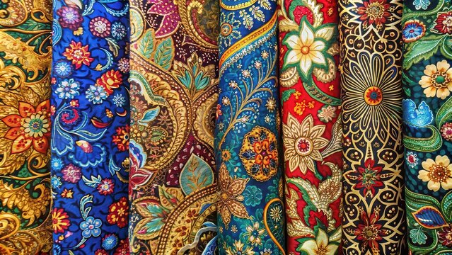 Traditional Malay fabric featuring intricate batik designs, Malaysia, culture, heritage, textile, traditional, pattern, design