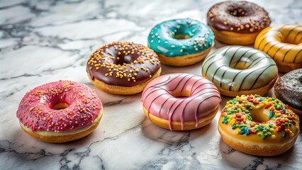 Colorful and tempting frosted donuts displayed on a marble background, donuts, bakery, sweets, delicacy, dessert, sugar