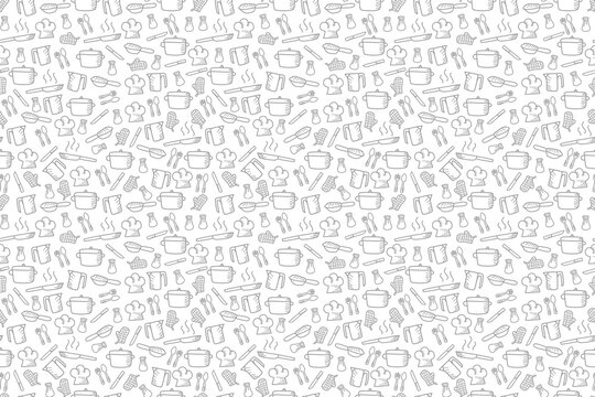 Kitchen utensils seamless pattern background. kitchen set seamless pattern background. hand drawn doodle of kitchen set pattern background. Doodle illustrations of cooking utensils seamless pattern.