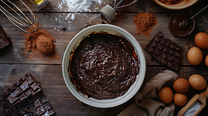 Melted chocolate and cocoa powder mixed in large bowl to make dough for delicious brownies on dark wooden table next to ingredients and cooking utensils, top view. Generative AI illustration 