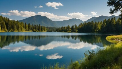 Serene lakes surrounded by natural beauty, featuring mountains, forests, and clear